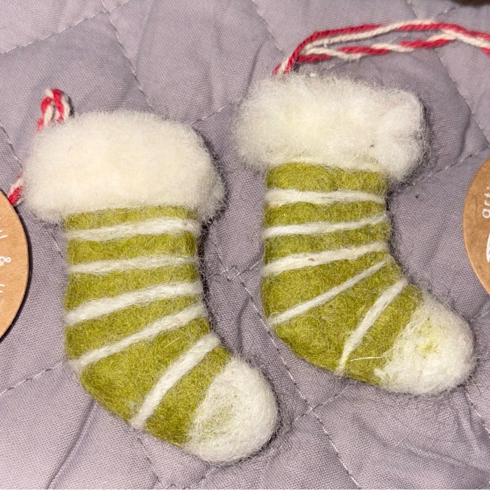 Tag  2 vintage adorable green  and White Felt and wool  Stocking  ornaments NWT